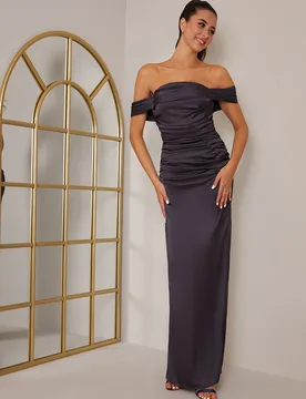 Womens Bardot Ruched Satin Maxi Dress In Navy - Size 8 Uk - Chi chi london - FashionsVida