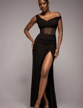 Women's Off The Shoulder Corset Waist Mesh Wrap Skirt Soft Touch Maxi Dress in Black Size: 8 - Black - Size: 8 - Goddiva - FashionsVida