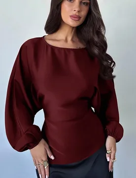 Blusa elegante, romántica y casual de manga larga con cuello redondo, cintura con lazo y ajuste regular, adecuada para maestras, atuendo de otoño, c - Shein - FashionsVida
