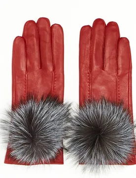 Guantes de cuero en color con pompón en pelo de zorro - Maximilian - FashionsVida