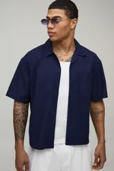 Mens Oversized Boxy Fit Short Sleeve Linen Blend Shirt - Navy Viscose - Size Medium