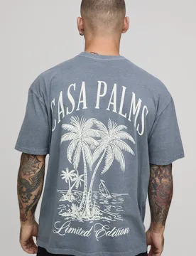 Herren Gewaschenes Übergroßes Casa Palms Druck Oberteil Washed Grey Größe 4XL - boohooMAN - FashionsVida