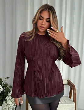 Blusa elegante de mujer con cintura plisada para otoño, ideal para ir al trabajo, citas, cenas y salidas nocturnas, color burdeos, otoño/invierno XL - Shein - FashionsVida