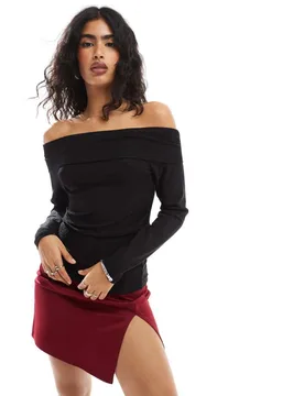 Womens Long Sleeve Off Shoulder Top In Black Glitter - Pieces - FashionsVida