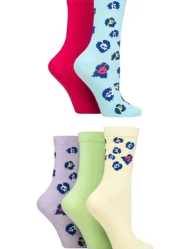 Women's 5 Pair SOCKSHOP Patterned Bamboo Socks Floral Blue / Pink / Yellow 4-8 - Assorted - Size: Small - Wildfeet - FashionsVida