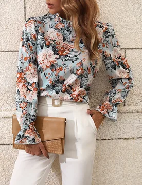 Blusa con estampado floral, volante en el cuello y mangas abullonadas, blusas de manga larga XXS - Shein - FashionsVida
