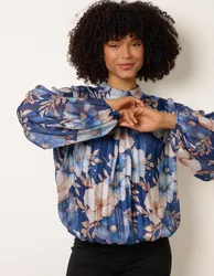 Floral Metallic Puffball Top - S/M / NAVY - female