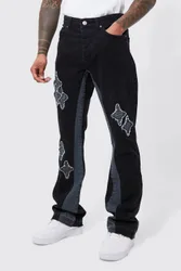 Herren Slim Flare Jeans Hosen mit Applikations-Einsatz Washed Black Größe 32R