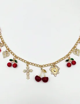 Pieza Cadena colgante exquisita con cruz y cereza, esquema de color rojo con colgante de bolso con strass en forma de corazón, accesorio de viaje ros - Shein - FashionsVida