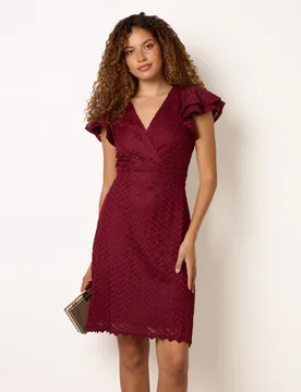 Crochet Detailed Frill Sleeve Wrap Mini Dress - 12 / WINE - female - Blue Vanilla - FashionsVida