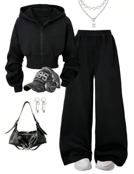 Conjunto de abrigo negro casual de corte holgado con cuello redondo para chica adolescente, estilo diario de otoño para Halloween, atuendos de otoño - Shein - FashionsVida