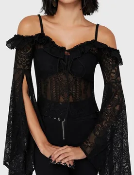 Gothic Langarmshirt - Belladonna Lace - Breathless Lace Bardot Top - XL bis XXL - für Damen - Größe XL - schwarz - Frauen - female - Killstar - FashionsVida