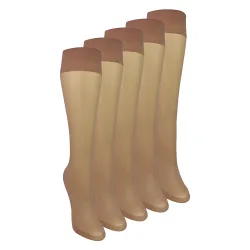 Womens 5 Pack Ladies Knee High Pop Socks 15 Denier Lightweight Sheer - Beige Nylon - Size Uk 4-8