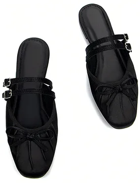 Bailarinas planas de satén negro cómodas con puntera cuadrada, correa de hebilla en el empeine y decoración de lazo para mujer, elegante moda de ot - Shein - FashionsVida