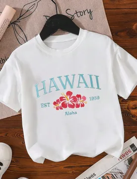 Camiseta de manga corta con cuello redondo para niñas preadolescentes con estampado floral y de letras de Hawái, estilo de vacaciones de moda, adecu - Shein - FashionsVida