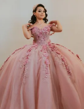 Pink Shiny Quinceanera Dresses Off Shoulder Ball Gown Sweet 16 Dress Applique Flower Tull Birthday Party Vestidos 15 De Anos - Aliexpress - FashionsVida
