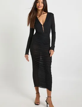 Womens Hook And Eye Detail Ruched Maxi Dress - Black - Size 8 Uk - Boohoo - FashionsVida