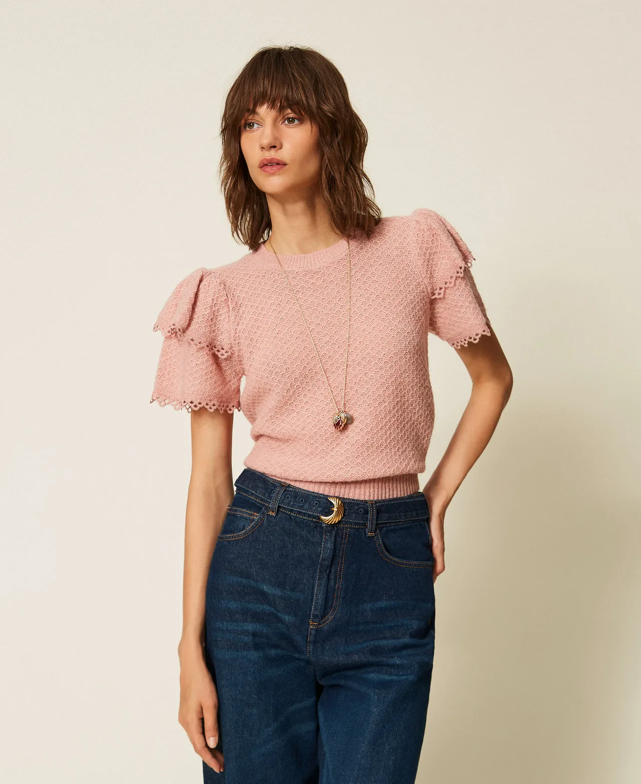 Pull ras-du-cou avec volants - TWINSET - FashionsVida