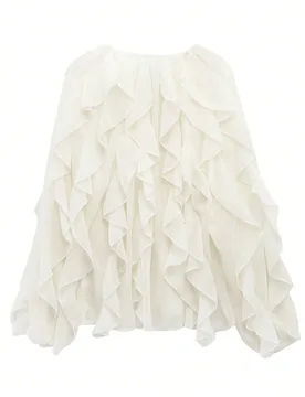 Blusa elegante de mujer de gasa semitransparente con volantes, cuello en V y manga larga para primavera, color blanco S - Shein - FashionsVida