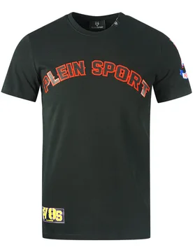 Mens Mutli Logo Black T-Shirt Cotton - Size Small - Philipp Plein Sport - FashionsVida