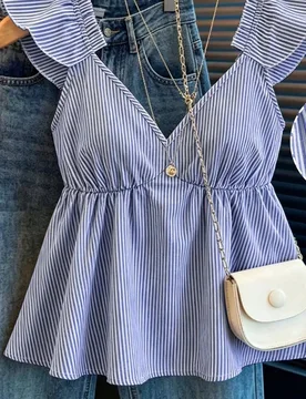 Blusa corta azul linda a rayas con volantes sexy sin espalda y escote bajo M - Shein - FashionsVida