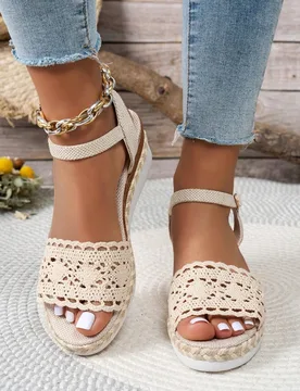 Sandalias de cuña para mujer con suela gruesa, sandalias de verano tejidas de cuerda con tiras anchas, de punta abierta, transpirables y de estilo mi - Shein - FashionsVida
