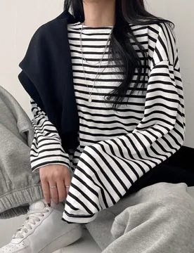 Pieza Camiseta oversize de hombros caídos a rayas, ropa de otoño, ropa de vuelta al colegio, blusas de manga larga para mujer M - Shein - FashionsVida