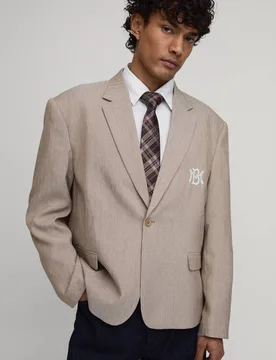 Herren Oversized Blazer Mit Fischgrätmuster-Stickerei Taupe Größe 40 - boohooMAN - FashionsVida