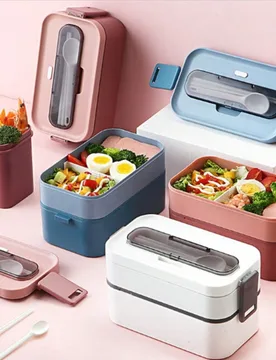 Caja bento apilable de doble capa de 1600ml, PP, compartimentos divididos, bloques de color macaron rosa azul blanco rojo, clips herméticos y cubiert - Shein - FashionsVida