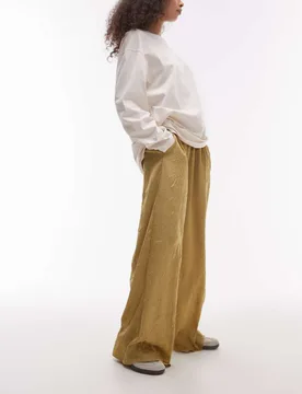 Womens Crinkle Satin Wide Leg Trouser In Champagne - Beige - Size 6 Uk - TopShop - FashionsVida