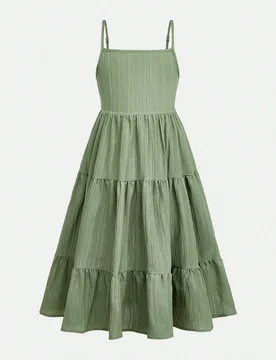 Vestido de verano elegante para niña pequeña con lazo decorativo texturizado en verde salvia, tirantes sueltos, vestido de vacaciones familiares a j - Shein - FashionsVida