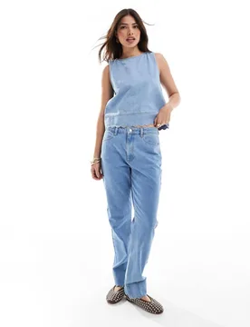 Womens 90s Straight Scallop Edge Jeans In Mid Blue - Sky Blue - Size 8 Uk - ASOS DESIGN - FashionsVida