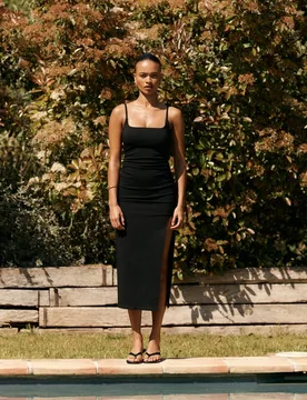 Midikleid aus Bengalin mit Kastenausschnitt Schwarz M - Stradivarius - FashionsVida