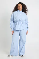 Womens Plus Stripe Wide Leg Trouser - Pale Blue Cotton - Size 26 Uk