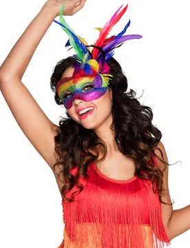 Venezianische Augenmaske mit Federn Regenbogen für Erwachsene bunt - BOLAND BV - FashionsVida