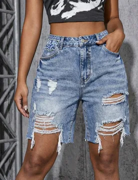 Shorts vaqueros de mujer con bolsillos y botones, desgastados, casuales y versátiles para uso diario S - Shein - FashionsVida