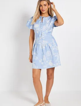 Women's Tie Front Button Detail Puff Sleeve Mini Dress in Blue Size: 16 - Blue - Size: 16 - Dorothy perkins - FashionsVida