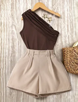 Conjunto de 2 piezas para niñas preadolescentes, 1 mini conjunto de primavera/verano, nuevo estilo de moda Old Money, versátil, top sin mangas con h - Shein - FashionsVida