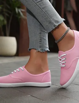 Zapatos planos de lona de unicolor para mujer, zapatos con cordones de punta redonda transpirables y antideslizantes, zapatos planos de lona clásicos - Shein - FashionsVida
