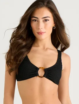Women's Black Textured Ring Detail Bikini Top Size: 10 - Black - Size: 10 - Gini London - FashionsVida