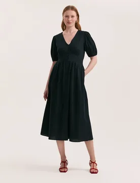 Pure Cotton V-Neck Midi Tea Dress Black female - Finery London - FashionsVida