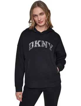 Sudadera de mujer con capucha y bolsillo tipo canguro invisible con logotipo de lentejuelas - DKNY Jeans - FashionsVida