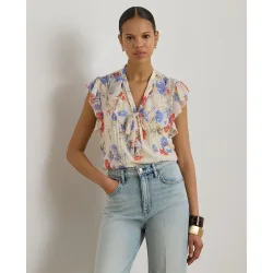 Blusa de mujer de georgette estampada con volantes