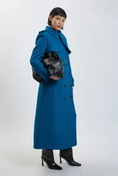 Women's Petite Wool Pu Mix Tailored Belted Trench Maxi Coat in Teal Size: 4 - Teal - Size: 4
