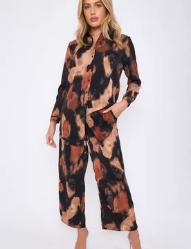 Women's Black Abstrat Print Co-ord Shirt & Trousers Set Size: 14 - Black - Size: 14 - LOVE SUNSHINE - FashionsVida