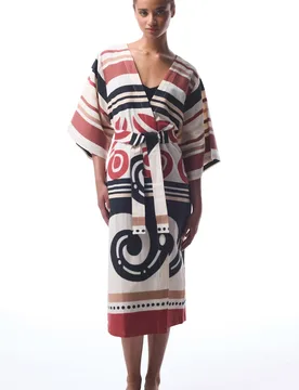 Womens Cotton Geometric Maxi Kimono With Belt - Multicolour - Size Small/medium - Penti - FashionsVida