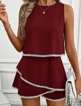 Conjunto de top sin mangas y falda pantalón con volantes y ribete en contraste para mujer, blanco y burdeos, casual de verano para fiesta de té XL - Shein - FashionsVida
