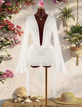 Vestido mini ajustado de tonos tierra con cuello drapeado, escote bajo y mangas acampanadas para vacaciones románticas L - Shein - FashionsVida
