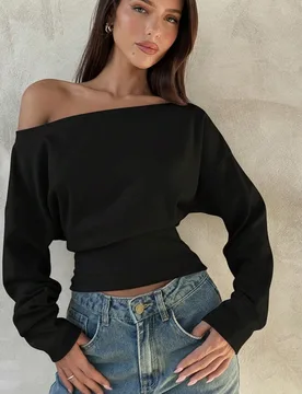 Top de manga larga asimétrico de hombro de punto de color albaricoque para mujer, otoño/invierno XS - Shein - FashionsVida
