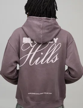 Herren Gewaschener Schokoladen Oversized Beverly Hills Puff Print Hoodie Sweatshirt Washed Chocolate Größe XS - boohooMAN - FashionsVida
